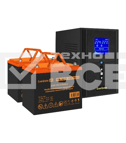 Комплект ИБП EX295988RUS + батарея 75Aч EX285653RUS 2шт (инвертор, синус, для котла) ExeGate SineTower SZ-1500.LCD.AVR.2SH.1C13.USB <1500VA/1200W, чистый синусоида, LCD дисплей, AVR, 2*Schuko+1*C13, USB, линейно-интерактивный, Black> + батарея ExeGate HRL