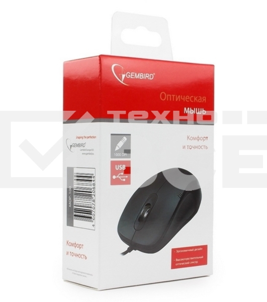 Мышь проводная Gembird MOP-100 черный, 1000 dpi, USB, кнопки - 3