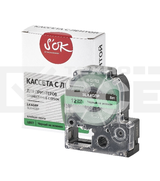 Кассета с лентой S'OK by Sakura Printing K4GbP для Epson, черный на зеленом, 12мм/8м