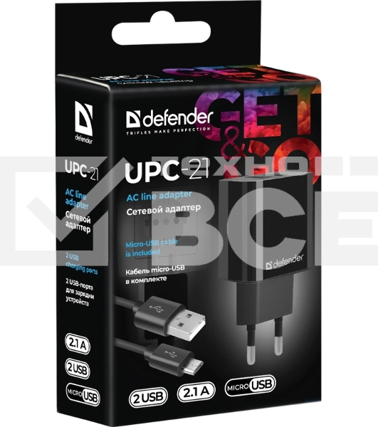 Сетевой адаптер Defender UPC-21 2xUSB,5V/2.1А кабель microUSB