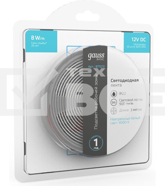 Лента светодиодная Basic Gauss 12V 8W/m 900lm/m 4000K IP20 LED 3m 1/100