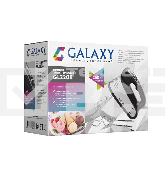Миксер электрический Galaxy GL 2208, черный с серебристым, ручной, 250 Вт, 5 скоростей + режим 