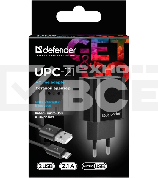 Сетевой адаптер Defender UPC-21 2xUSB,5V/2.1А кабель microUSB