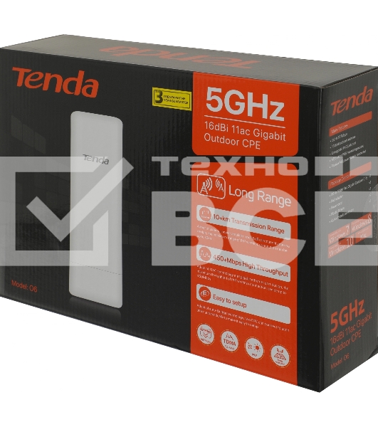 Наружная гигабитная точка доступа Tenda O6, 5 ГГц, до 867 Мбит/с, антенна 1x16dBi, IP65, PoE, LAN 1x1 Гбит/с