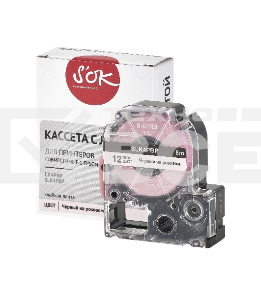 Кассета с лентой S'OK by Sakura Printing K4PBP для Epson, черный на розовом, 12мм/8м
