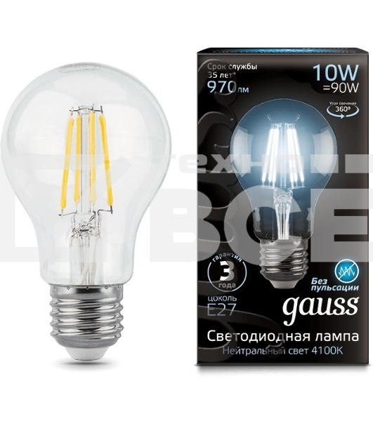 Лампа светодиодная Filament А60 E27 10Вт 4100К GAUSS 102802210