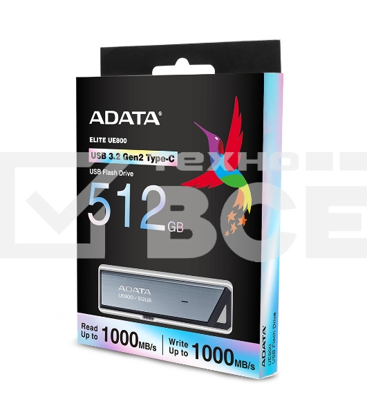 Флешка USB ADATA UE800 (AELI-UE800-512G-CSG), 512Gb, Type-C USB 3.2, R/W 1000/1000, серебристый