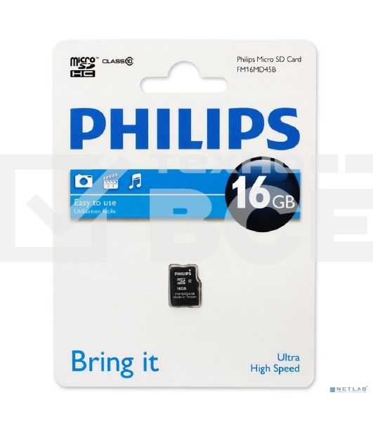 Флеш карта microSD 16GB PHILIPS microSDHC Class 10