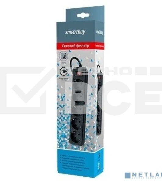 Сетевой фильтр Smartbuy SBSP-18-K One, 10А, 2 200 Вт, 5 розеток, длина 1,8 м, черный (SBSP-18-K)/45
