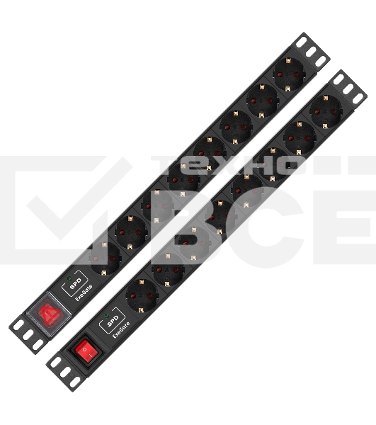 Блок розеток с сетевым фильтром (Surge Protect) и выключателем с подсветкой ExeGate ServerPro PDU-19H804 Al-8S-EU2.5CU-SW-SPD1 (19', 1U, Алюминий, 8 Schuko, кабель с евровилкой VDE-250V-16A-3*1.5мм2, медь, 2.5 метра, выкл. с подсветкой, SPD1, черный, RTL)