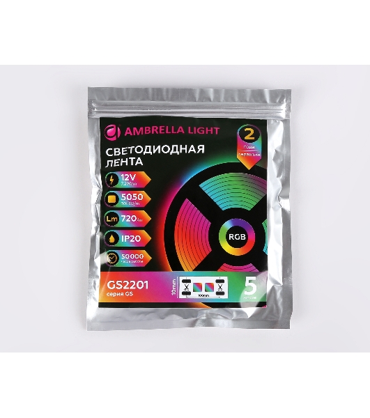 Светодиодная лента Ambrella light GS2201 5050 30Led/ 7.2W m/ 12V IP20 RGB /5000*10*1.87mm (4 конт.)