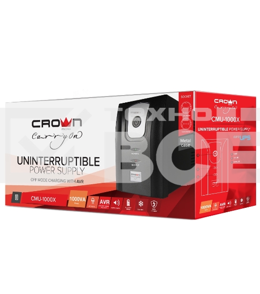Источник бесперебойного питания Crown CMU-1000X (1000VA/600w; Off-Line; 2 х Euro с резервным питанием и фильтрацией; 12V7AH х 2; Металл)