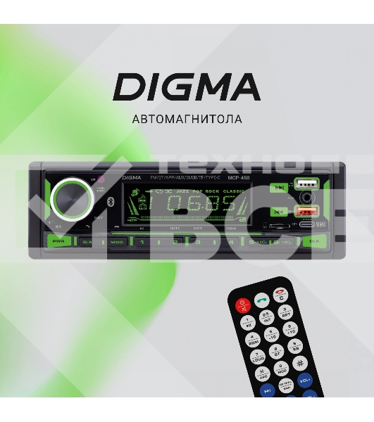 Автомагнитола Digma MCP-450 1DIN 4x45Вт v5.0 USB 2.0 AUX 4 ПДУ