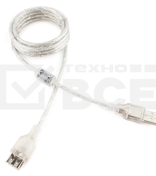 Кабель удлинитель USB2.0 Pro Cablexpert CCF-USB2-AMAF-TR-6, AM/AF, 1,8м, экран, 2феррит.кольца, прозрачный, пакет
