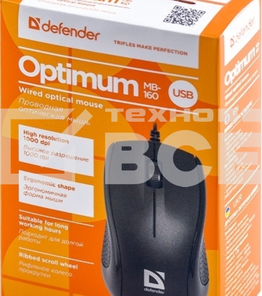 Мышь проводная Defender Optimum MB-160 черный, 1000 dpi, USB, кнопки - 3