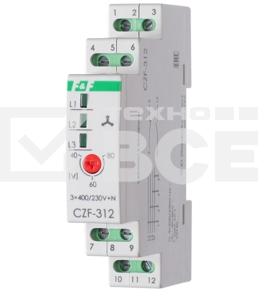 Реле контроля и наличия фаз CZF-312 (монтаж на DIN-рейке 35мм; регулировка порога; без задержки отключения; 3х400/230+N 2х8А 1Z 1R IP20) F&F EA04.001.007