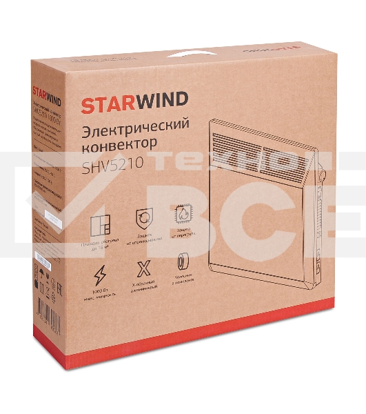 Конвектор Starwind SHV5210, белый, 1000 Вт, 15 м2, термостат, 2 режима мощности