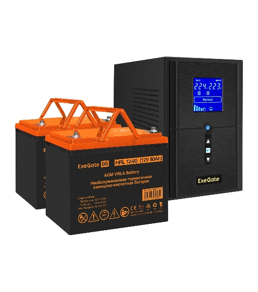 Комплект Источник бесперебойного питания EX295988RUS + батарея 80Aч EX285654RUS 2шт (инвертор, синус, для котла) ExeGate SineTower SZ-1500.LCD.AVR.2SH.1C13.USB <1500VA/1200W, чистый синусоида, LCD дисплей, AVR, 2*Schuko+1*C13, USB, линейно-интерактивный, Black> + батарея ExeGate HRL 12-80 (12В, 80Ач) 2шт