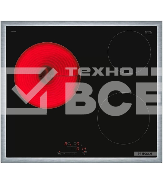 Электрическая варочная панель Bosch PKM645BB2E, стеклокерамическая поверхность, независимая, рамка-сталь, черный 4.8x58.3x51.3