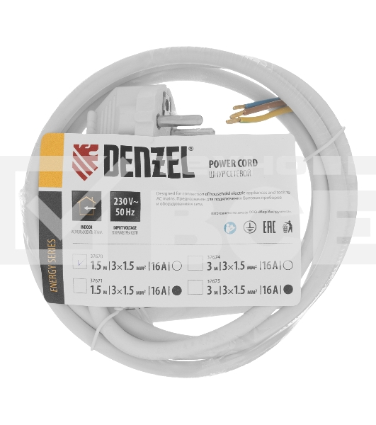 Шнур сетевой Energy Series, ПВС, 1,5 м, 3х1,5 мм, с неразборной вилкой, белый  Denzel