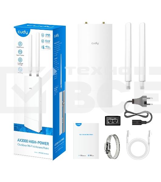 Точка доступа AX3000 High Power WiFi 6 Gigabit Outdoor Access Point, 2402Mbps at 5GHz + 574Mbps at 2.4GHz, 1 x Gigabit RJ45, 2 Detachable Antennas, 802.3at/802.3af PoE or 48V passive PoE, IP65 Waterproof, lightning protection, 48V passive PoE adapter incl