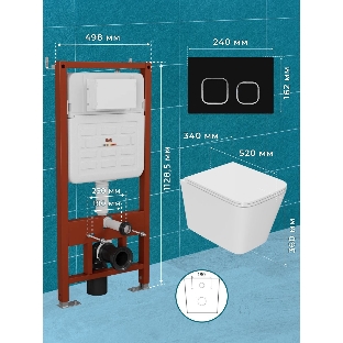 Комплект BAU 6 в 1: усиленная инсталляция BAU IDEAL, унитаз подвесной безободковый торнадо обратного потока Bau Stil 52х36 Hurricane-2, сиденье дюропласт микролифт, клавиша BAU Strike, черная матовая