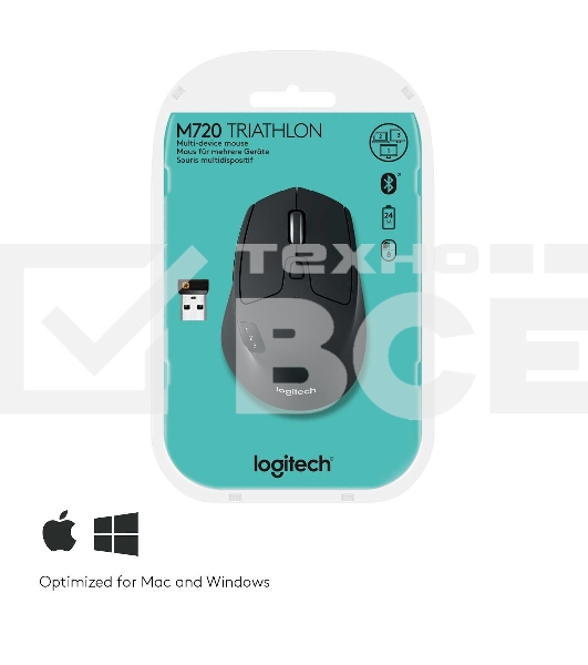 Мышь беспроводная Logitech M720 Triathlon черный, 1000 dpi, радиоканал, Bluetooth, USB, кнопки - 8