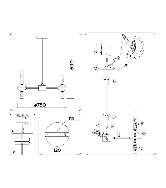 Люстра Ambrella light LH55353/14 BK/CGD/CL черный/золото/прозрачный G9/14 max 30W D750*690