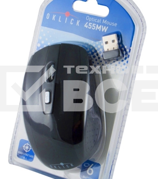 Мышь беспроводная Oklick 455MW черный, 1600 dpi, радиоканал, USB, кнопки - 6