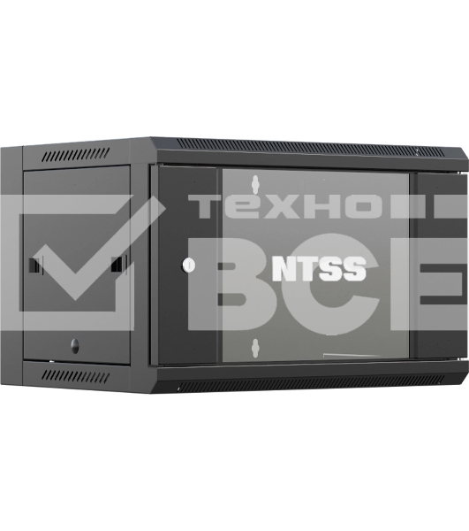 Шкаф коммутационный NTSS NTSS-W6U6045GS-BL настенный 6U 570x450мм пер.дв.стекл 60кг черный 350мм 18кг 220град. 370мм IP20 сталь
