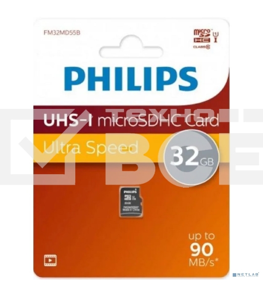 Флеш карта microSD 32Gb PHILIPS High Speed microSDHC Class 10 90Mb/s