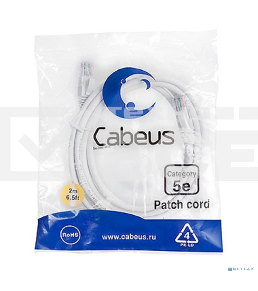 Шнур комм. Cabeus, Cat.5e, неэкр., U/UTP, RJ45/RJ45, PVC, AWG24, 2м, белый