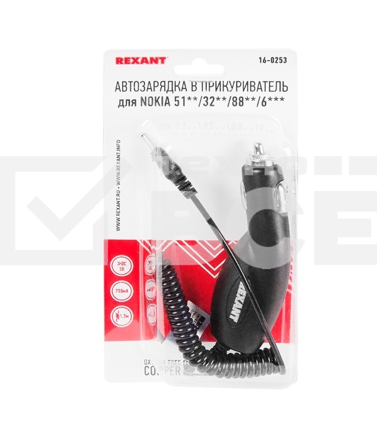 Автозарядка в прикуриватель для NOKIA 51**/32**/88**/6***«толстая» (АЗУ) (5 V, 700 mA) шнур спираль 1.2 м черный Rexant