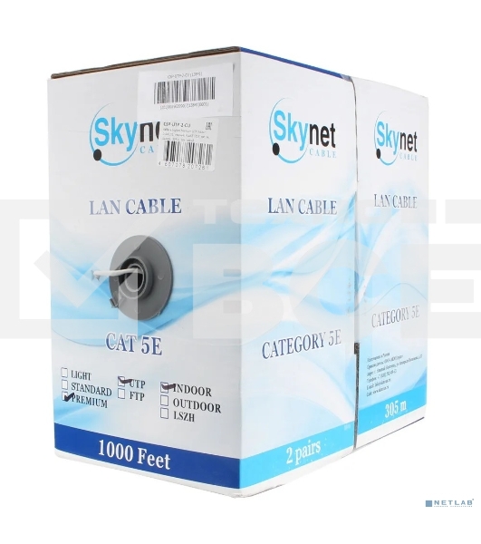 Кабель SkyNet Premium UTP indoor 2x2x0,51, медный, FLUKE TEST, кат.5e, однож., 305 м, box, серый
