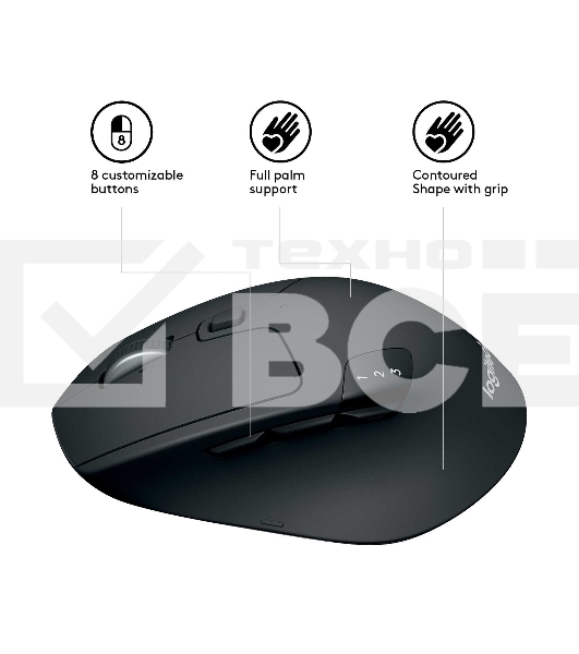 Мышь беспроводная Logitech M720 Triathlon черный, 1000 dpi, радиоканал, Bluetooth, USB, кнопки - 8