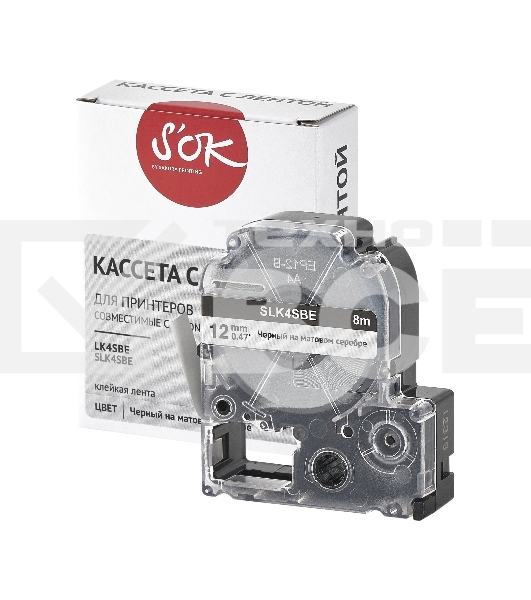 Кассета с лентой S'OK by Sakura Printing K4SBE для Epson, черный на серебрянном мате, 12мм/8м