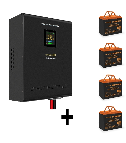 Комплект источника бесперебойного питания Exegate EX296004RUS + батарея 80Aч EX285654RUS 4шт (инвертор, синус, для котла, настенный) ExeGate FineSine SX-5000.LCD.AVR.2SH.T <5000VA/3500W, чистая синусоида, цветной LCD-дисплей, AVR, 2*Schuko+клеммы, линейно-интерактивный, крепление настенное, Black> + батарея ExeGate HRL 12-80 (12В, 80Ач) 4шт