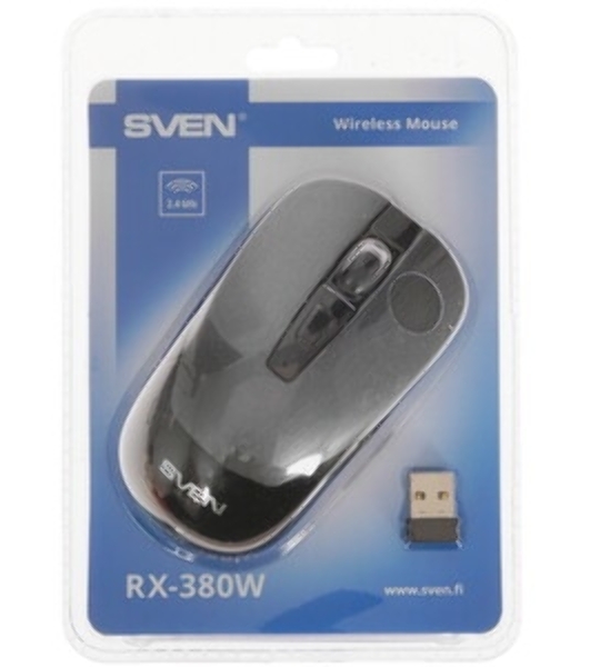 Мышь беспроводная SVEN RX-380W серый металлик, 1600 dpi, радиоканал, USB, кнопки - 4