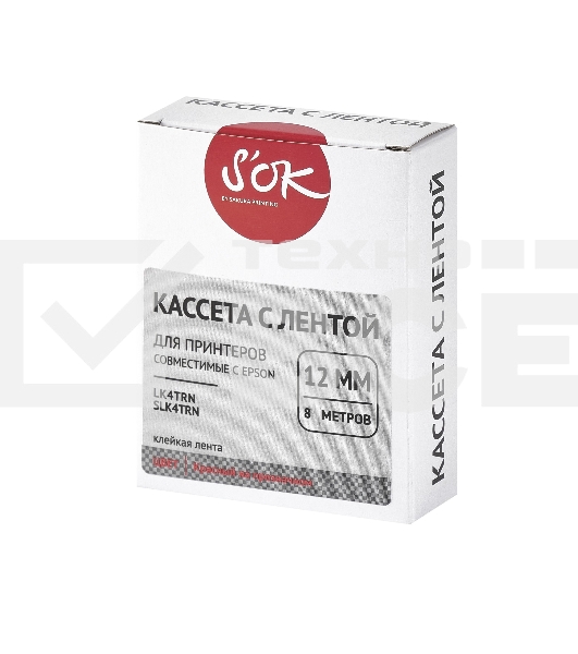 Кассета с лентой S'OK by Sakura Printing K4TRN для Epson , красный на прозрачном, 12мм/8м
