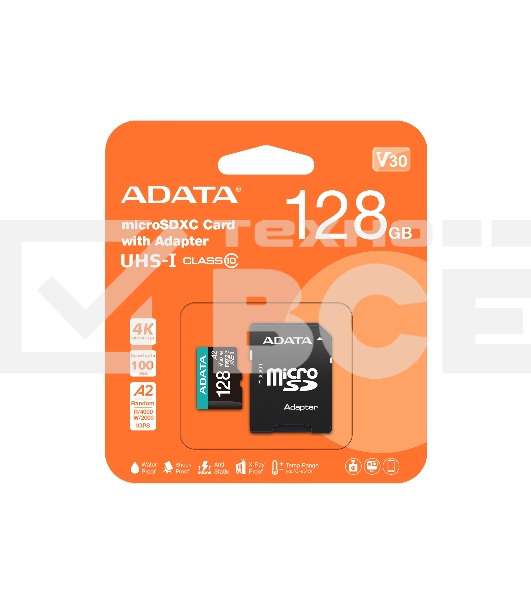 Карта памяти MICRO SDXC 128GB W/AD. AUSDX128GUI3V30SA2-RA1 ADATA