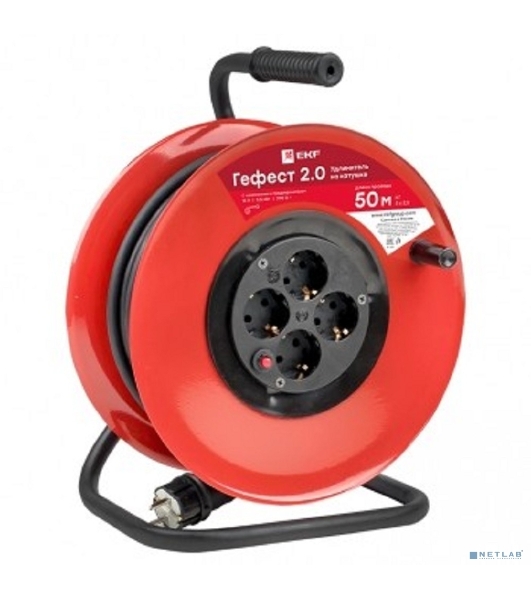 Удлинитель на катушке EKF UKG02-16-R325-4-50 'Гефест 2.0' 4 гнезда 50м с заземлением и предохранителем КГ 3*2,5 16А/3,5кВт PROxima