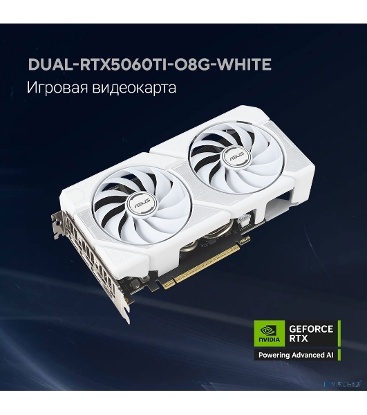 Видеокарта ASUS GeForce RTX 5060 Ti 8G DUAL White, NVIDIA RTX 5060 Ti, 8 ГБ GDDR7, 128 бит, PCI-e 5.0, 1xHDMI, 3xDP, 2632 МГц