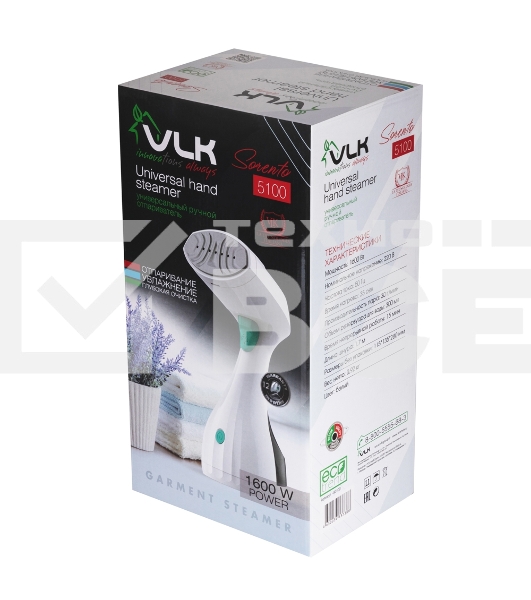 Отпариватель VLK Sorento 5100,, белый, мощность 1600 Вт, производительность пара 30 г/мин, емкость 300 мл, 8 шт/уп