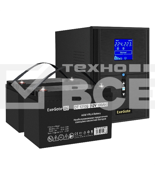 Комплект ИБП EX295989RUS + батарея 100Aч EX282985RUS 2шт (инвертор, синус, для котла) ExeGate SineTower SZ-2000.LCD.AVR.3SH.1C13.USB <2000VA/1600W, чистый синусоида, LCD дисплей, AVR, 3*Schuko+1*C13, USB, линейно-интерактивный, Black> + батарея ExeGate DT
