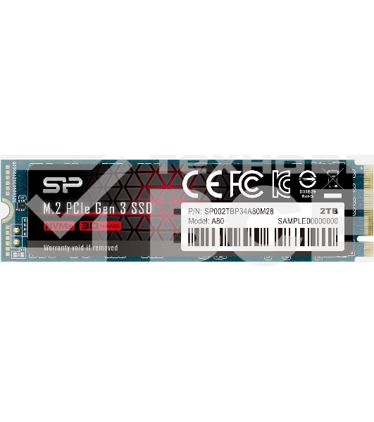 Накопитель SSD Silicon Power  M.2 2.0TB A80 <SP002TBP34A80M28> (PCI-E 3.0 х4, up to 3400/3000MBs, 3D TLC, NVMe 1.3, 22х80мм)