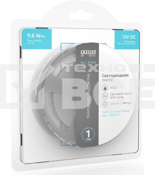 Лента Basic 12V 9,6W/m 624lm/m 4000K IP20 LED 3m 1/100