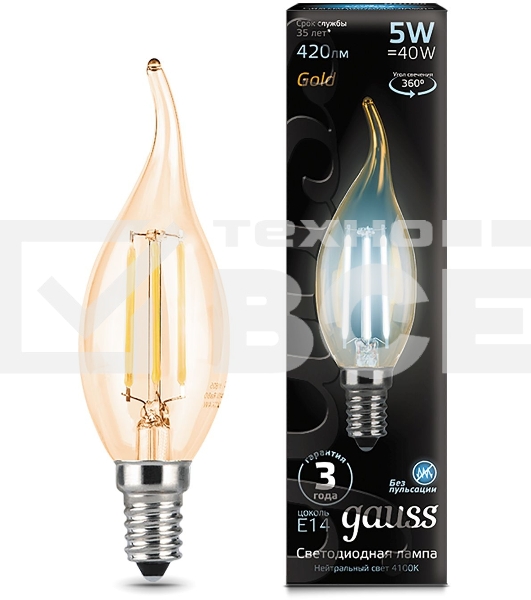 Лампа светодиодная Filament Свеча на ветру E14 5Вт 4100К Golden GAUSS 104801805
