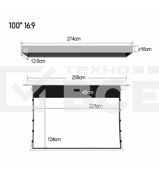 Экран для проектора S'OK SCPSMC-221X125ED45GF для встраивания в потолок моторизованный 100'' с боковым натяжением, полотно Grey Fiberglass, экстрадроп 45см