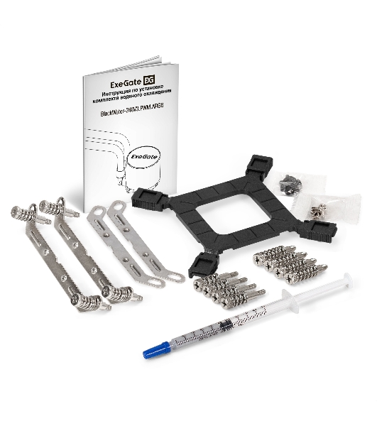 Комплект жидкостного охлаждения ExeGate BlackWater-120V3.PWM.RGb (RGb подсветка, LGA2066/2011/1366/1150/1151/1155/1156/1200/1700/1851/AM4/AM5/FM1/FM2/FM2+/AM2/AM2+/AM3/AM3+, TDP 150W, Fan 120мм 4pin PWM 600-1800RPM Hydro bearing, помпа 3pin 2700RPM, макс. шум 37db, с термопастой, на винтах, черный, Color Box)