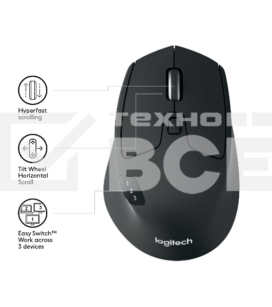 Мышь беспроводная Logitech M720 Triathlon черный, 1000 dpi, радиоканал, Bluetooth, USB, кнопки - 8